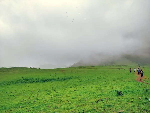 Strzał Drona Ludzi Chodzących Zielonym Polu Podnóża Góry Pokrytej Mgłą — Zdjęcie stockowe