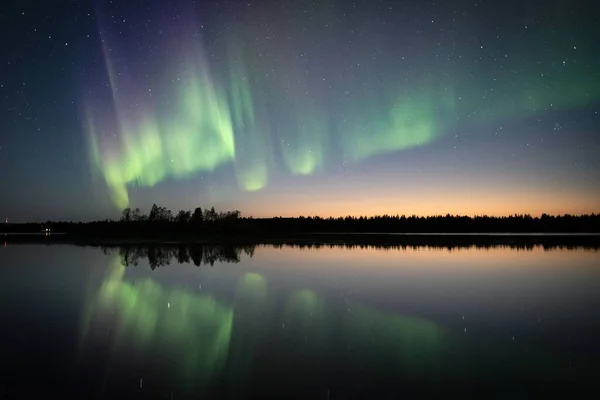 Polar Aurora Lights Starry Sky Lake Forest Lapland Finland — Stock Photo, Image