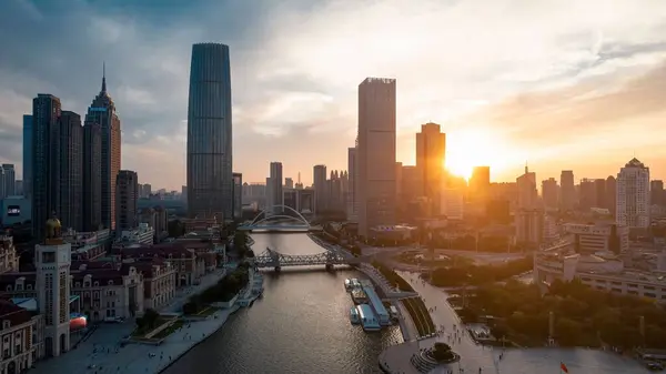Skyline Van Tianjin Bij Zonsondergang China — Stockfoto