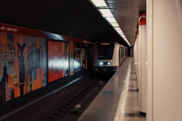 Una Piattaforma Della Metropolitana Vuota Con Immagini Punti Riferimento Sulle — Foto Stock