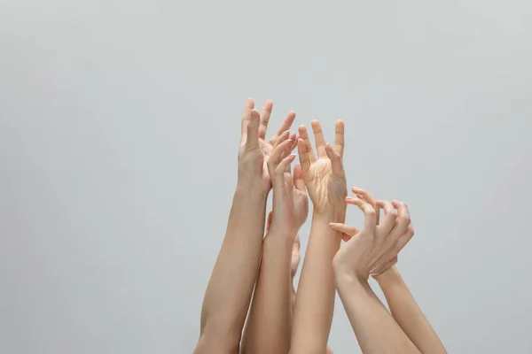 Closeup Shot Hands Joined Together Gray Background Copy Space — Stock Photo, Image