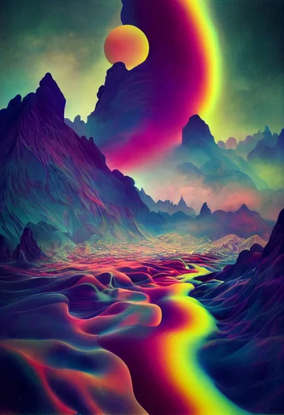 Een Illustratie Van Een Kleurrijk Berglandschap Met Zon — Stockfoto