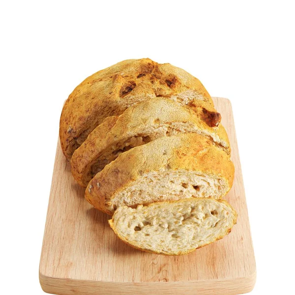 3D切面包在一块木板上 与白色背景隔离 — 图库照片