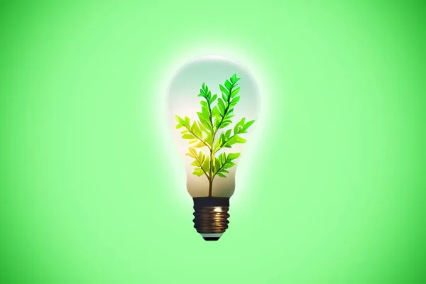 Illustration Einer Glühbirne Mit Grünen Blättern Auf Hellgrünem Hintergrund — Stockfoto