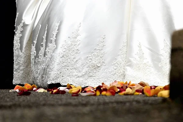 Die Rosenblätter Auf Dem Boden Der Nähe Eines Brautkleides — Stockfoto