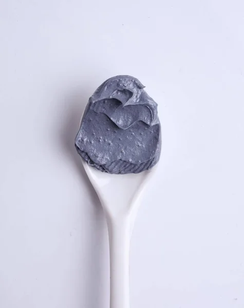 Charcoal Clay Texture Swatch Spoon White Background — Stock Photo, Image