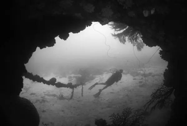 潜水员穿着湿衣的潜水员的灰白色鳞片捕捉到的从水下洞穴中游走的潜水员 — 图库照片