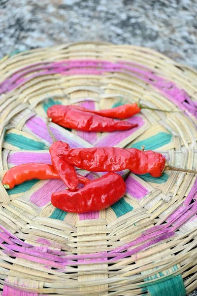 Vertical Closeup Shot Chili Peppers Thatched Basket — Stock Photo, Image