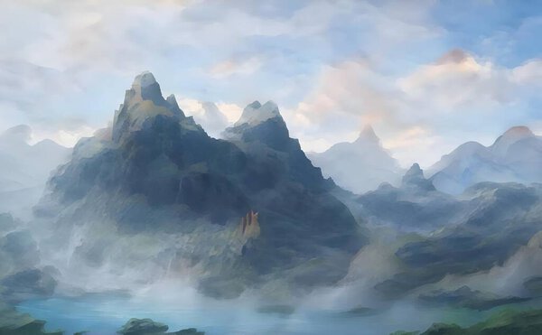 A beautiful illustration of mountain peaks and clouds