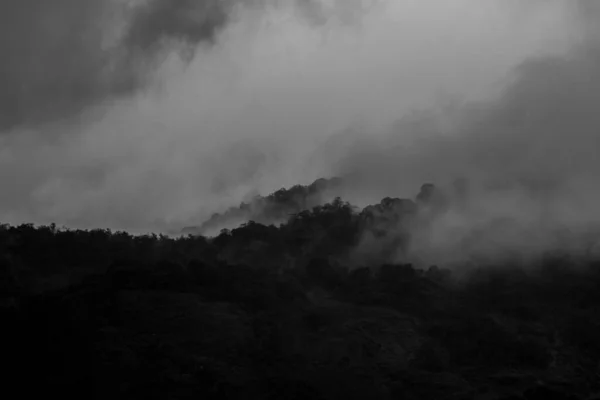 Uma Montanha Arborizada Rodeada Fumaça Incêndio Florestal Conceito Desastre Ambiental — Fotografia de Stock