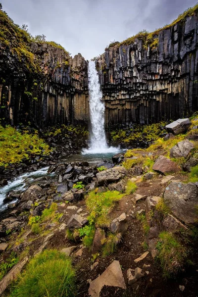 Vue Verticale Cascade Svartifoss Par Temps Nuageux Islande — Photo