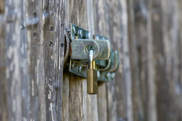 ぼかしを背景に古い木製のドアに南京錠のクローズアップショット — ストック写真