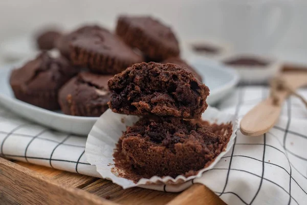Closeup Baked Chocolate Muffins White Plate — Stock Photo, Image