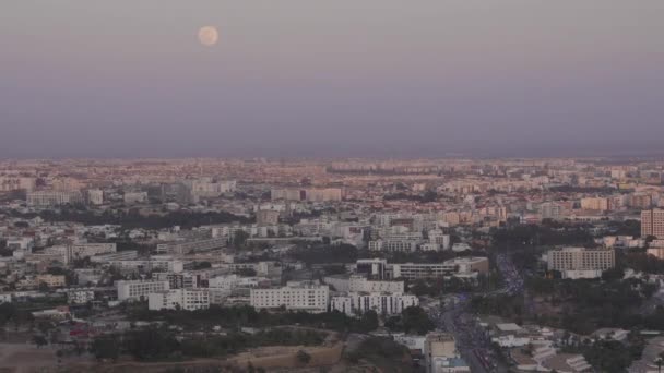 Drone Footage White Moon Light Purple Sunset Sky Agadir Cityscape — Stock Video