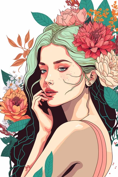 Een Vector Illustratie Van Een Mooie Vrouw Met Bloemen Haar — Stockvector