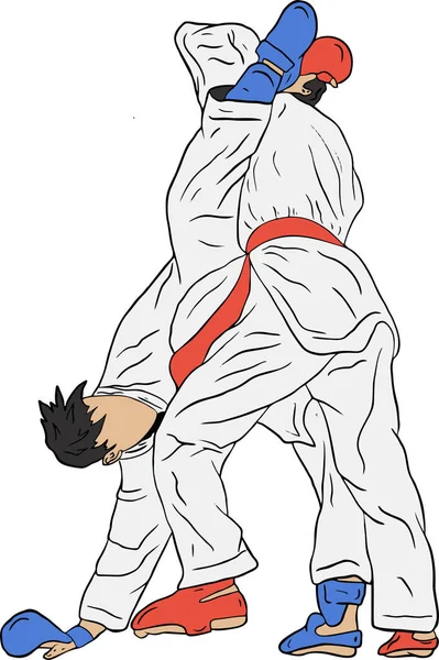 Illustrazione Vettoriale Due Ragazzi Che Combattono Karate Uno Sfondo Bianco — Vettoriale Stock