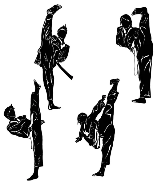 Una Ilustración Vectorial Dos Mujeres Dos Hombres Practicando Taekwondo Sobre — Vector de stock