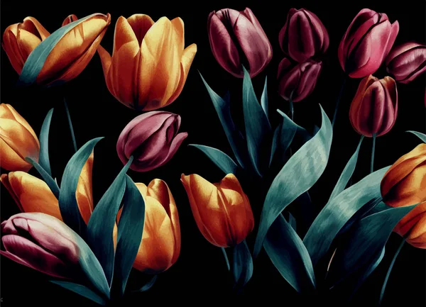 Колекція Яскравих Барвистих Квітів Красивими Пелюстками Темному Тлі — стоковий вектор