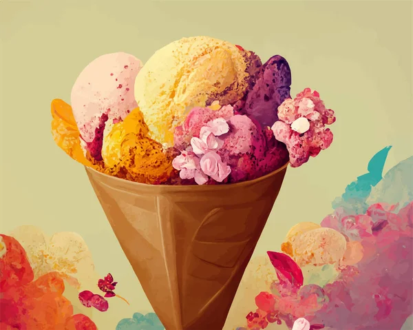 Vektor Sladké Zmrzliny Kužel Zdobený Květinami Izolované Prázdném Pozadí — Stockový vektor
