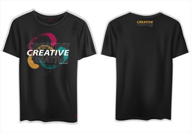 A digital render of a simple black graphic t-shirt with a cool Tcreative print clipart