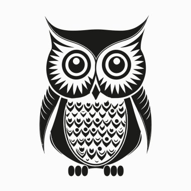 Beyaz arka planda izole edilmiş, detaylı çizgi sanatından yapılmış bir baykuş görüntüsü.