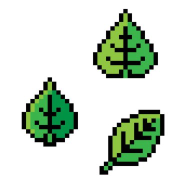 Beyaz arkaplanda izole edilmiş piksel sanat tasarımındaki yeşil yaprakların bir vektör çizimi