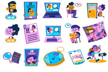 Şirin iş karakterleri, CV belgeleri ve iş uygulamalarının dijital illüstrasyon seti