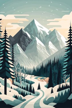 Arka planda karlı dağlar ve gökyüzünde uçan kuşlar olan bir kış ormanının taşıyıcısı.