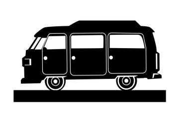 Beyaz arkaplanda izole edilmiş bir minibüs simgesinin siyah siluetinin vektörü