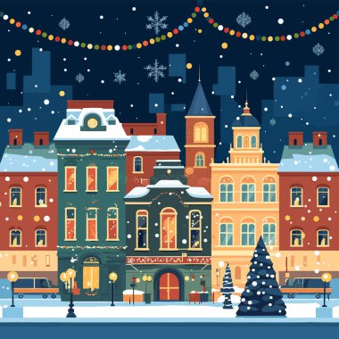 Karlı bir kış gününde Noel için dekore edilmiş güzel bir şehrin taşıyıcısı.