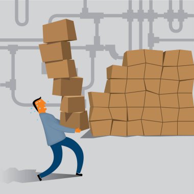 Bir fabrikada ağır kutular taşırken çok çalışan ve terleyen bir adam.