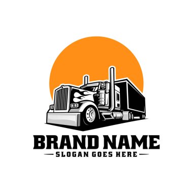 Beyaz arka planda marka adı olan bir kamyonun logo tasarımı.