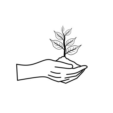 Toprakta beyaz bir arkaplana karşı el ele tutuşan bir bitkinin vektör çizimi