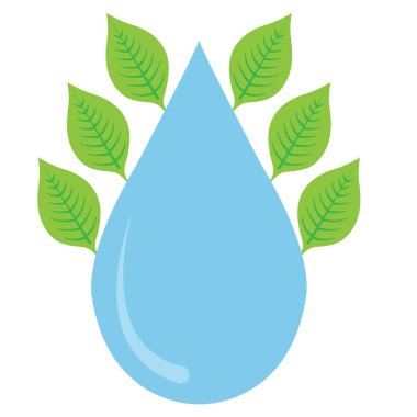 Mavi bir su damlasının dikey çizimi ve beyaz arkaplanda yeşil yapraklar