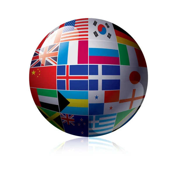 Een Vector Van Wereldbol Met Vlaggen Van Verschillende Landen Witte — Stockvector