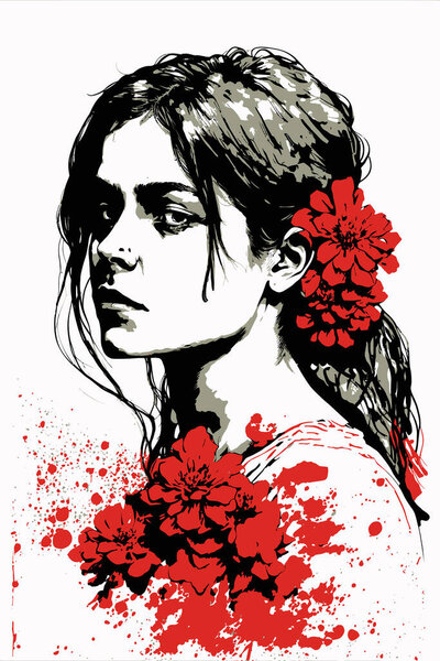 Векторная иллюстрация искусственного интеллекта привлекательной женщины с красными цветами в волосах