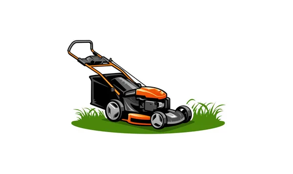 一种用橙色和黑色割草机在白色背景上隔离的草坪上的病媒 — 图库矢量图片