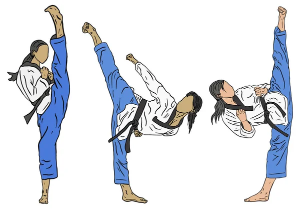 Eine Vektorillustration Von Drei Frauen Die Taekwondo Auf Weißem Hintergrund — Stockvektor