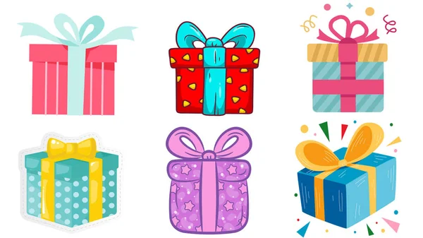 Digital Illustration Set Cute Wrapped Presents Gifts White Background — Stock Vector