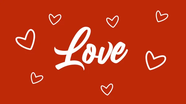 Kırmızı Arka Planda Kalpler Olan Güzel Bir Aşk Sözcüğü — Stok Vektör