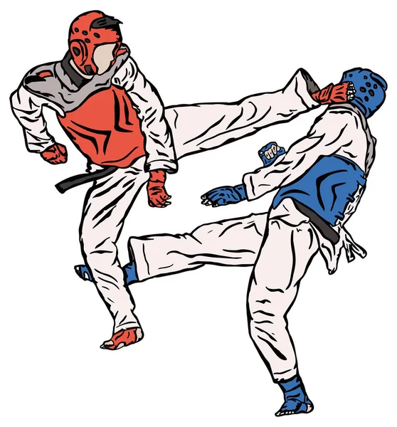 Dois Lutador Taekwondo Competição Poupando Fundo Branco — Vetor de Stock