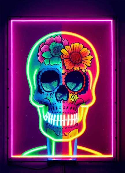 Crânio Colorido Vertical Iluminado Com Luzes Néon — Vetor de Stock