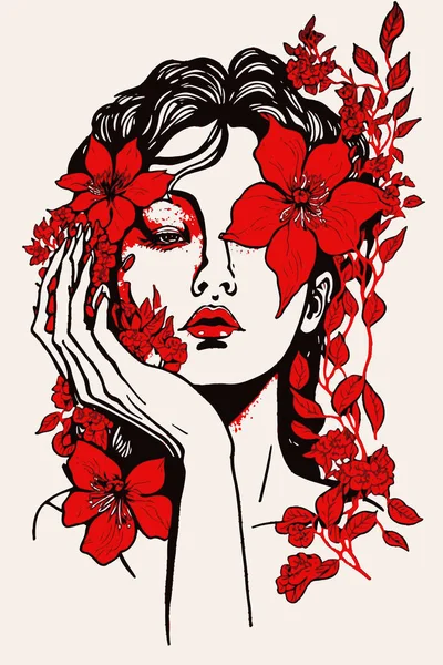 顔に赤い花の魅力的な女性のAi生成ベクトルイラスト — ストックベクタ