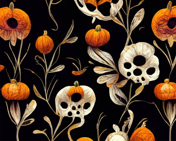 Stock vector A Halloween abstract pattern with spooky flowers, pumpkins and skulls on a black background.