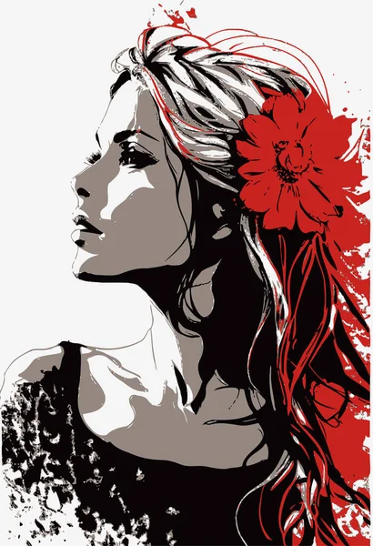 髪に赤い花を咲かせる魅力的な女性のAiが生み出したベクトルイラスト — ストックベクタ