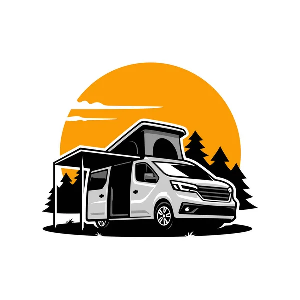 Vector Illustration Red Camper Van Forest Sunset White Background Editable — Stock Vector