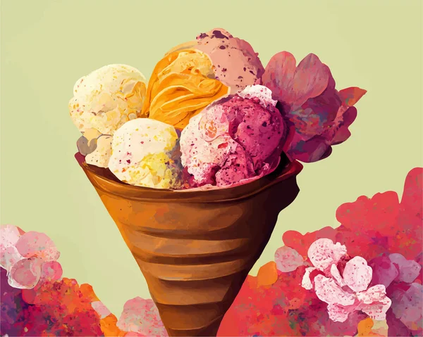 Конус Полный Вкусного Мороженого Шары Украшены Цветочными Элементами Светло Зеленом — стоковый вектор