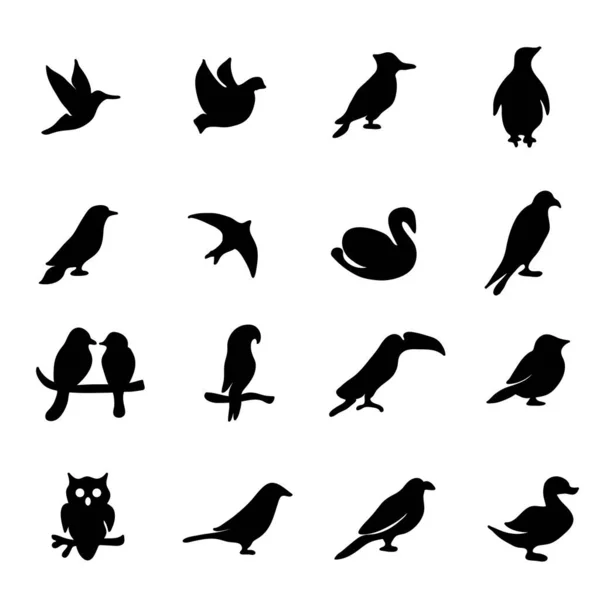 Set Icone Stile Silhouette Uccelli Sfondo Bianco — Vettoriale Stock