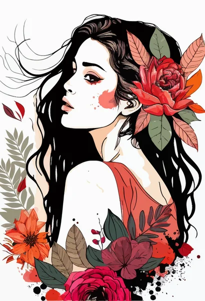 花の髪飾りの美しい女性のベクトルイラスト — ストックベクタ