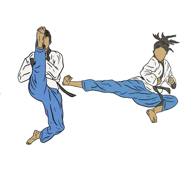Zwei Taekwondo Kämpfer Schonenden Wettkampf Weißen Hintergrund — Stockvektor